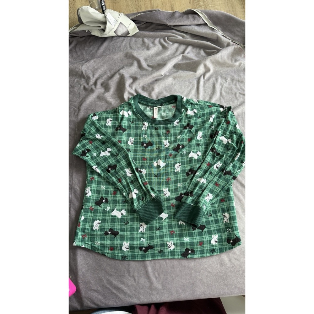 Joyspun Scottie Dog Plaid Pajama Top Green Long Sleeve Size Large 12-14